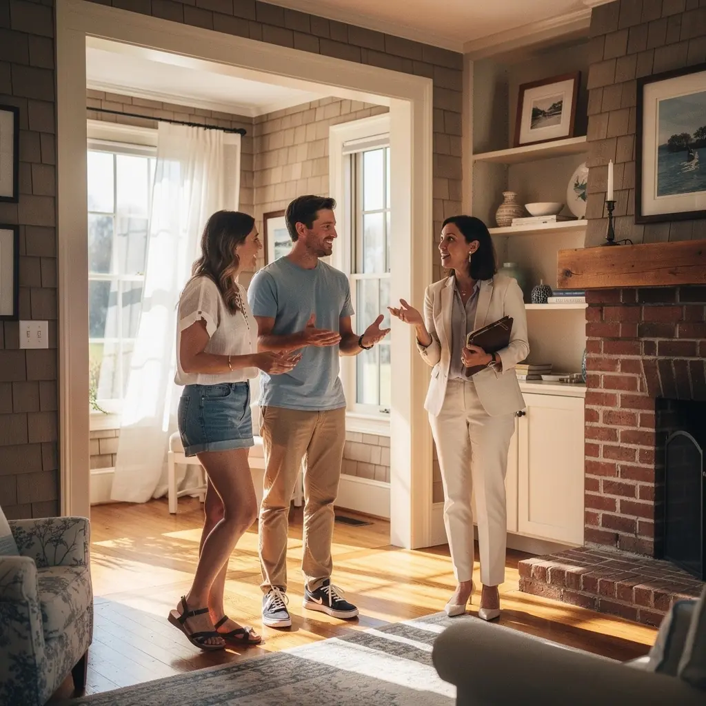 Солнечный вид на побережье Новой Англии с традиционными домами.