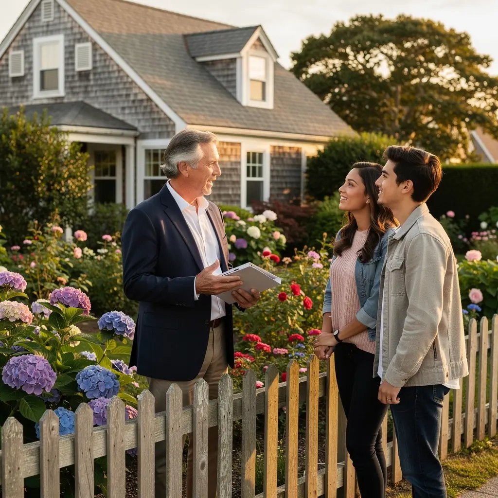 Панорамный вид на залив с домами в стиле Кейп-Код на фоне моря.