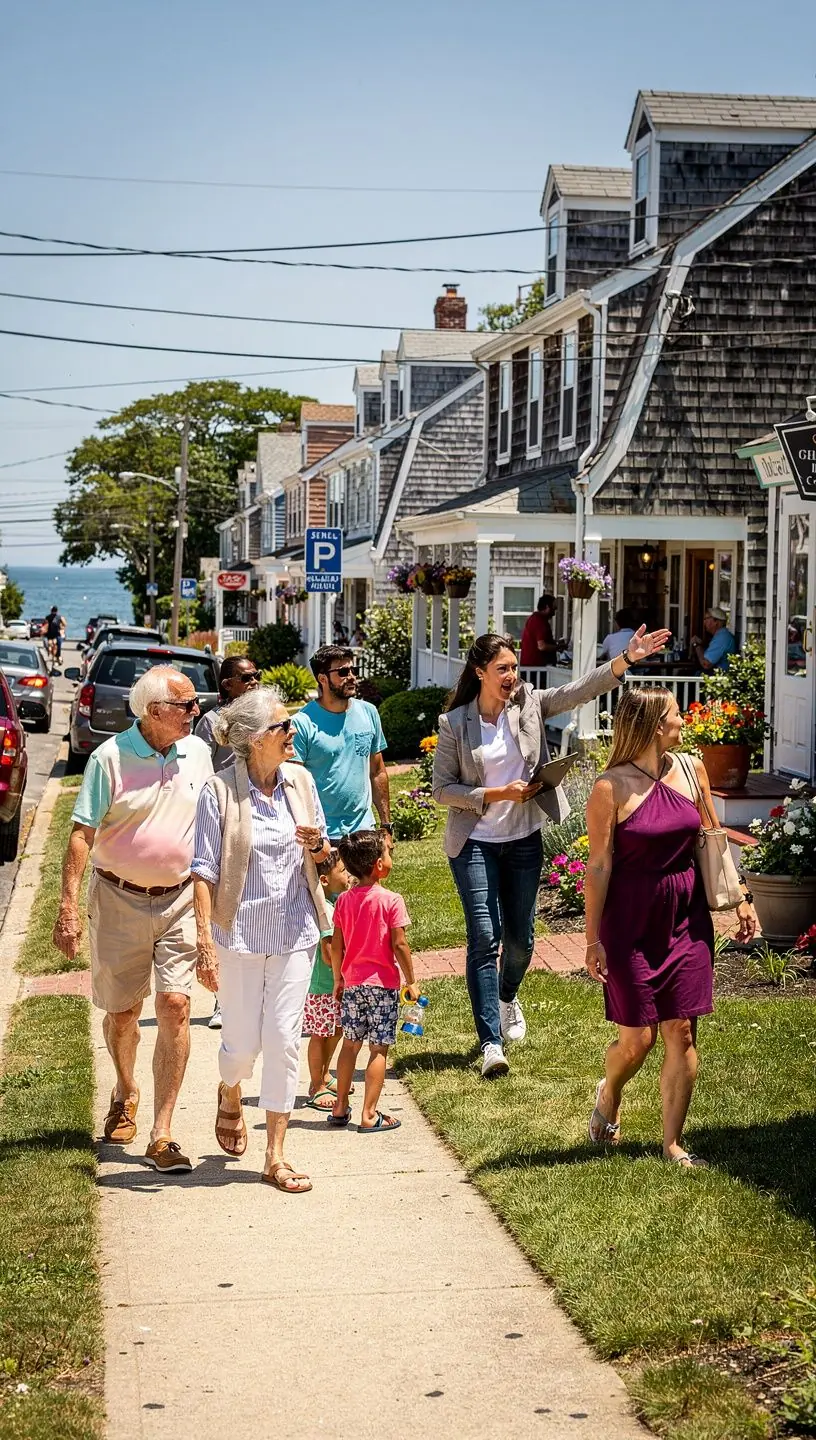 Пейзаж с береговой линией и традиционными домами в стиле Новой Англии.