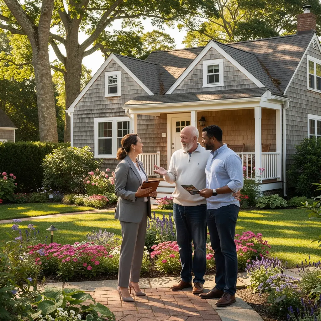 Классический дом в стиле Кейп-Код с мансардными окнами и деревянной обшивкой.