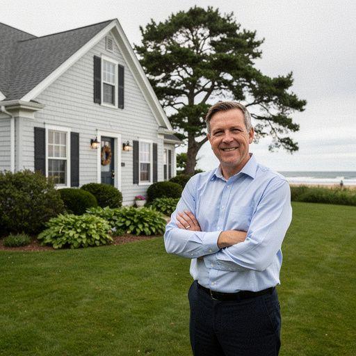 Жилой район с характерными домами Кейп-Код и зелеными насаждениями.