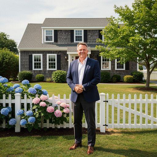 Ландшафтный дизайн с цветущими растениями вокруг традиционного дома у моря.